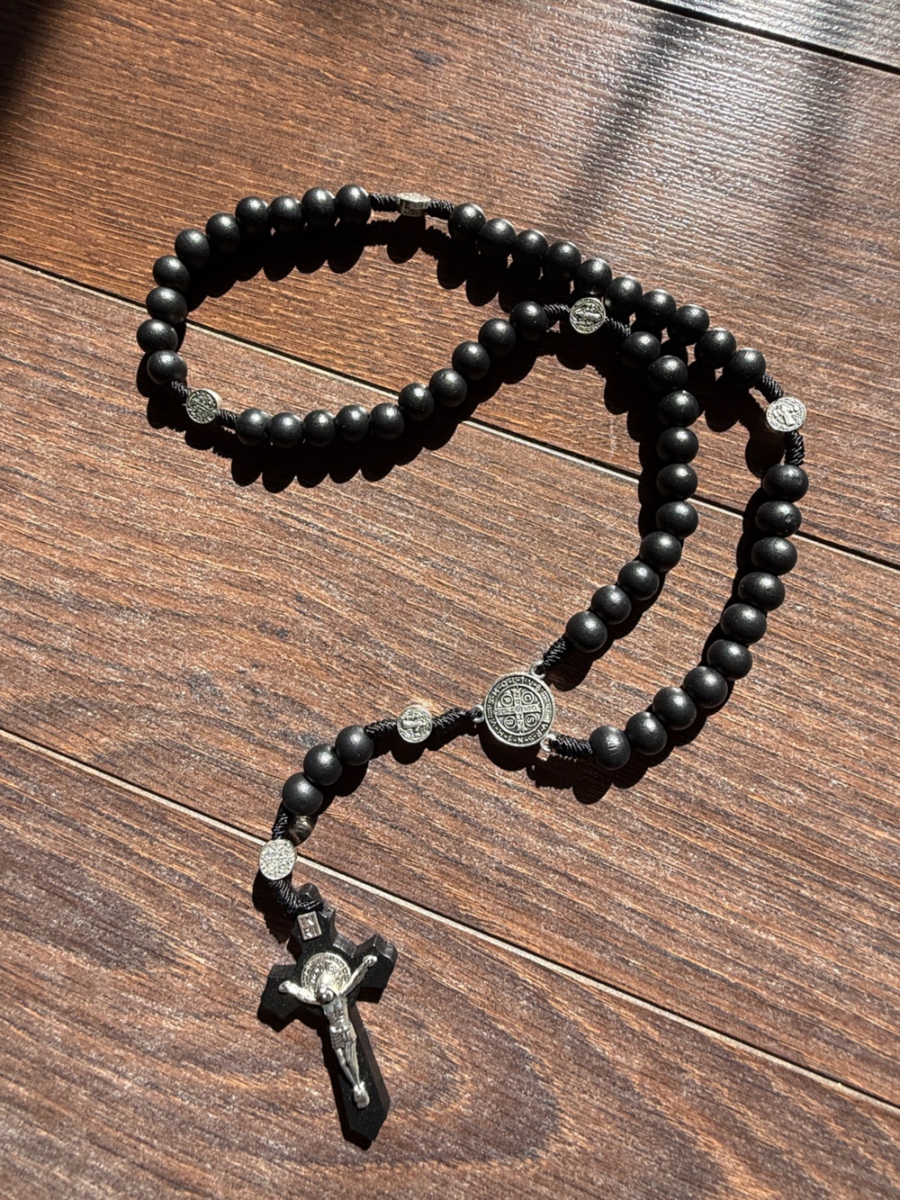 Dark Wood Beaded Rosary Necklace Silver Crucifix Cross